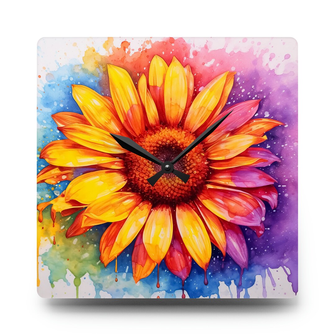 Colorful Sunflower Square Acrylic Wall Clock Frameless Analog Etsy