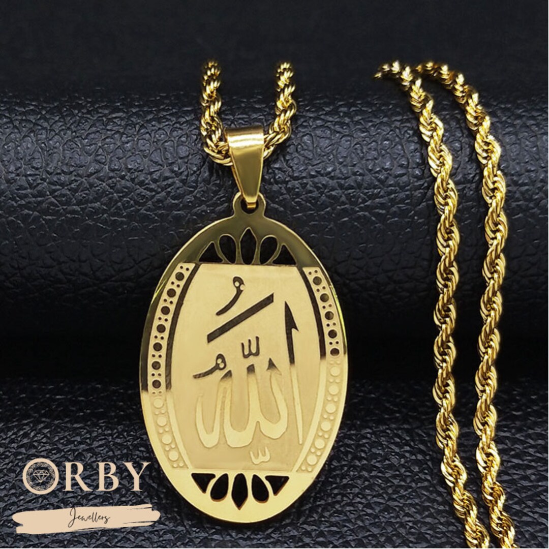 Handmade Wooden Allah Symbol Pendant Necklace – 36" Chain – Islamic Muslim Gift