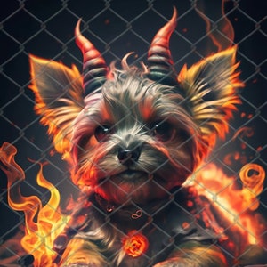 May include: A small, fluffy dog with horns and a red collar is surrounded by flames. The dog is behind a chain link fence.