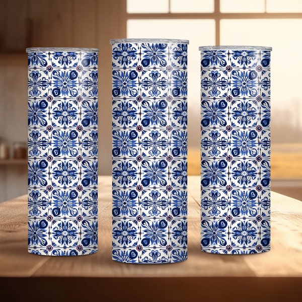 Printable Mexican Blue and White Talavera Tumbler Wrap PNG Seamless Sublimation Designs Download,Png Sublimation 20oz Skinny Tumbler