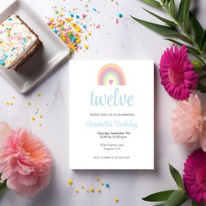 12th Birthday Pastel Rainbow Birthday Invite, Editable digital download, Digital birthday invite for any age