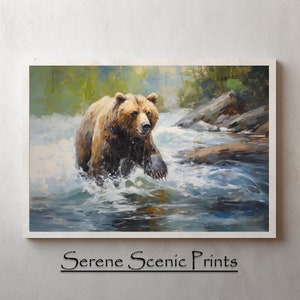 Rushing River Grizzly - Digital Print, Bear in Nature Artwork, Wild Bear Watercolor, Forest Wilderness Scene, Printable Animal Art