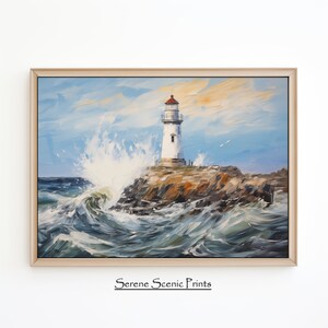 Ocean&#39;s Fury Lighthouse - Digital Print, Stormy Seas Beacon Art, Vigilant Lighthouse Amidst Waves, Printable Coastal Vigor