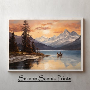 Twilight Canoe Trip - Digital Print, Alpine Lake at Dusk Art, Mountain Reflections, Printable Tranquil Nature Scene