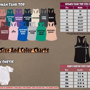 Puede incluir: Imagen que presenta una variedad de camisetas sin mangas para mujer en diferentes colores, un body para beb&eacute; y tablas de tallas. La tabla de tallas de la camiseta sin mangas est&aacute; en pulgadas, con medidas de ancho y largo. La tabla de tallas del body para beb&eacute; incluye tallas, meses y peso en libras.