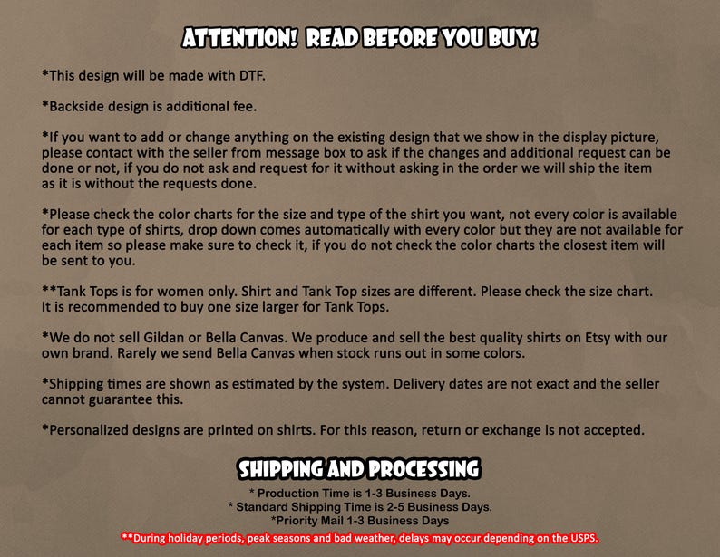 Puede incluir: Texto sobre un fondo beige con "ATTENTION! READ BEFORE YOU BUY!". Detalla especificaciones de dise&ntilde;o, tablas de colores, tallas de camisetas sin mangas e informaci&oacute;n de env&iacute;o. Tambi&eacute;n se mencionan dise&ntilde;os personalizados.