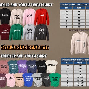 Puede incluir: Imagen de sudaderas y camisetas para ni&ntilde;os peque&ntilde;os y j&oacute;venes en varios colores. Se incluyen tablas de tallas y colores, con medidas en pulgadas. Las sudaderas est&aacute;n disponibles en negro, beige, rosa, rojo, granate, verde, gris y gris oscuro. Medidas en cm.