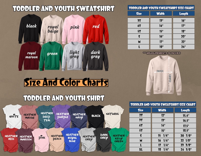 Puede incluir: Imagen de sudaderas y camisetas para ni&ntilde;os peque&ntilde;os y j&oacute;venes en varios colores. Se incluyen tablas de tallas y colores, con medidas en pulgadas. Las sudaderas est&aacute;n disponibles en negro, beige, rosa, rojo, granate, verde, gris y gris oscuro. Medidas en cm.
