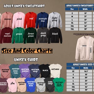 Puede incluir: Imagen de una variedad de sudaderas y camisetas unisex en varios colores, incluyendo rosa, rojo y negro. Tambi&eacute;n se muestran tablas de tallas, con medidas en pulgadas. El texto "Adult Unisex Sweatshirt" y "Unisex Shirt" es visible.