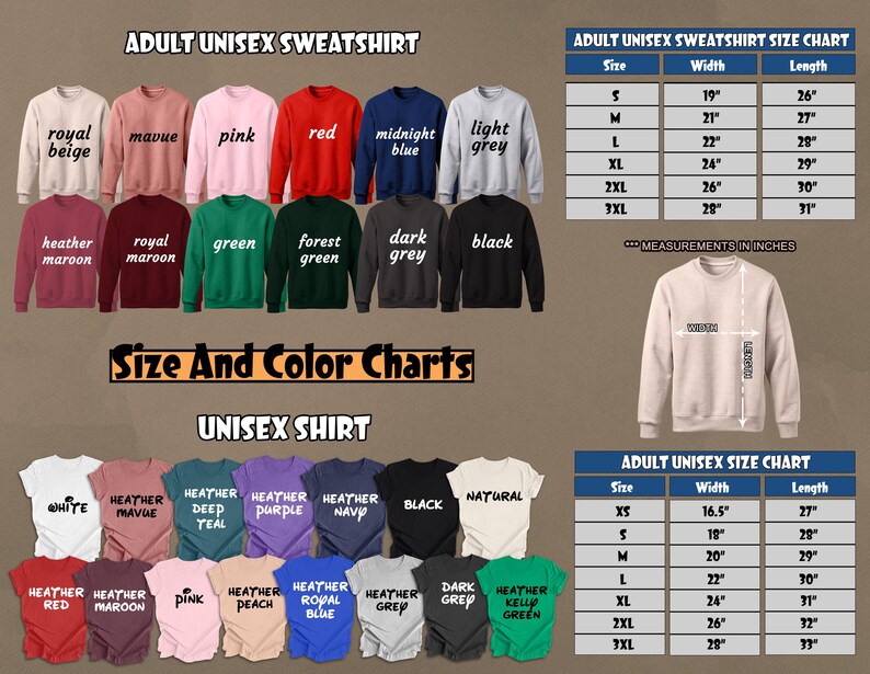 Puede incluir: Imagen de una variedad de sudaderas y camisetas unisex en varios colores, incluyendo rosa, rojo y negro. Tambi&eacute;n se muestran tablas de tallas, con medidas en pulgadas. El texto "Adult Unisex Sweatshirt" y "Unisex Shirt" es visible.