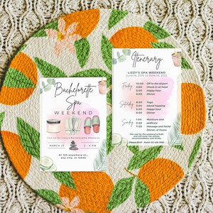 May include: Two invitations for a bachelorette spa weekend. The first invitation is pink and green with a watercolour design of spa items like a robe, slippers, and a jar of lotion. The text reads "Bachelorette Spa Weekend" and includes the date "March 27" and the time "2-4 PM". The second invitation is white with a green and orange watercolour design. The text reads "Lizzy's Spa Weekend" and includes the dates "June 16, 2025 to June 18, 2025". The invitation lists the weekend's itinerary, including yoga, island hopping, happy hour, dinner, and spa treatments.