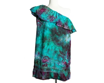 Hand Ice Dyed Deep Teal, Fuschia and Purple Upcycled 100% Cotton Women's Abercrombie Sustainable One Shoulder Ruffle Top Dress Size Large