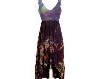 Women's Medium Reverse Geode Plum, Mint Green and Brown Ice Dyed Upcycled Tie Dye Dress with Lace Detail Perfect for Wearing to a Festival