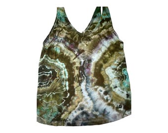 Hand Ice Dyed Geode Earthy Brown/Blue 100% Organic Cotton Crop Tank Top Sustainable Mystical Mushroom Block Printed shirt size Medium