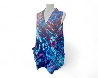 Vestido de praia feminino médio, mescla de linho/algodão, ecológico, estilo geode, roxo, azul e rosa, tingido à mão, reciclado, tie-dye