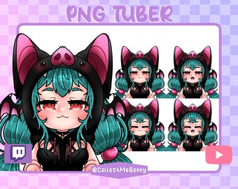 May include: A digital illustration of a cartoon character with green hair and red eyes wearing a black bat costume with pink ears. The character has different facial expressions in each of the six images. The image includes the Twitch and YouTube logos.