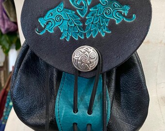 Handmade Leather Belt Pouch with Wolves