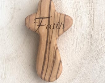 Handheld Olive Wood Cross – FAITH Engraved – Comfort Prayer Cross from Bethlehem