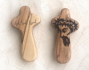 Handheld Olive Wood Cross – ASK, SEEK, KNOCK Engraved – Comfort Prayer Cross from Bethlehem - Free Shipping
