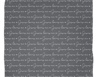 Gray "Jesus Loves Me" Muslin Swaddle Blanket | 45" | Faith-Based Baby Gift