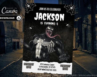Invitación de cumpleaños de Venom / Invitación editable para fiesta infantil (Plantilla de Canva)