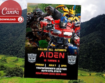 Invitación de cumpleaños de Transformers: Invitación editable para fiesta infantil (Plantilla de Canva)