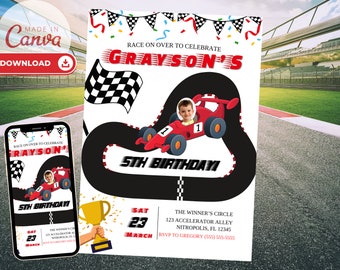 Race Car Birthday Invitation | Racing Birthday Invite | Red Car Racing Invite | Boys Girls With Photo | Editable Template | Digital Invite