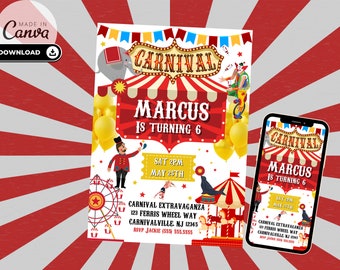 Carnival Birthday Invitation | Circus Party Invitation | Carnival Theme | Printable and Editable Canva | Digital Invitation