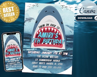 Shark Birthday Invitation | Shark Invite Boys Girls | Shark Invitation | Kids Party | Printable and Editable Canva Template | Digital Invite