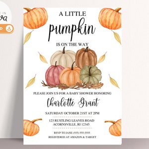 Pumpkin Baby Invitation | Fall Autumn Invitation | A Little Pumpkin Invite | Gender Neutral Baby Shower | Editable Canva Digital Invite