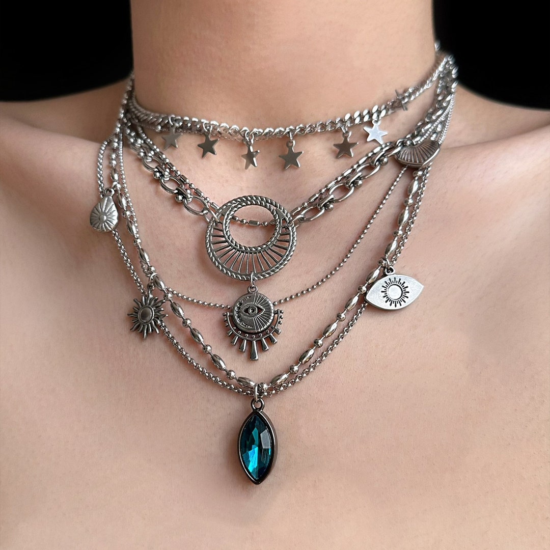 Layering Necklace, Teardrop Necklace Choker, Green Gemstones & Ancient