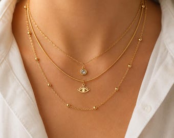 Layered necklace in gold or silver – Multi-strand women's necklace with diamond and evil eye pendant – Minimalist boho jewelry