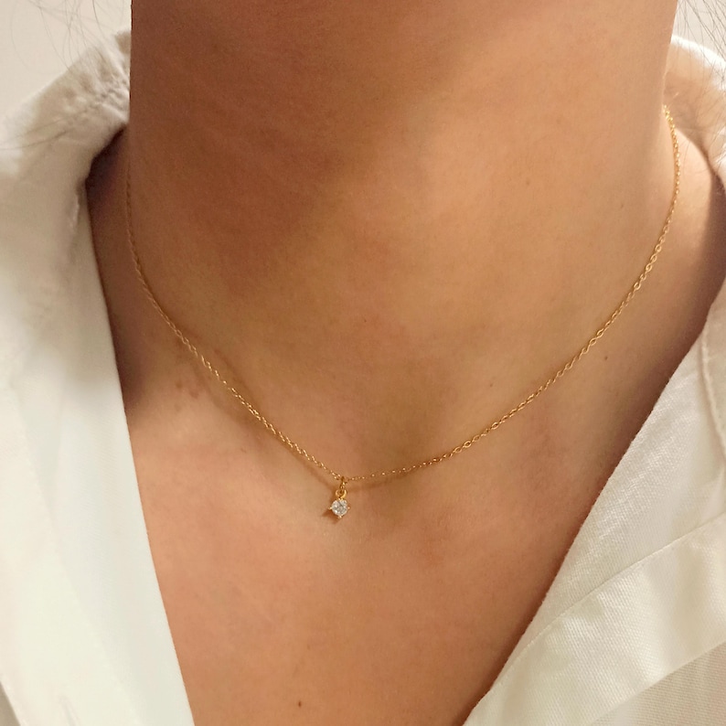 Delicate stainless steel necklace in gold with cubic zirconia pendant | Minimalist women's necklace | Fine gold chain | Waterproof jewelry | Gift for women image 8