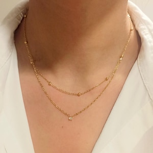 Dubbele roestvrijstalen ketting, goud of zilver – gelaagde ketting met parels en zirkonia, minimalistische damesketting, cadeau voor haar