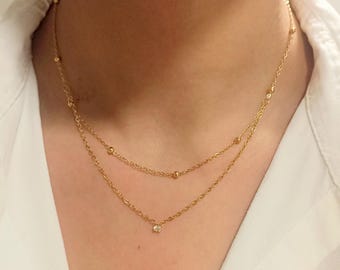 Podwójny naszyjnik ze stali nierdzewnej, złoty lub srebrny – wielowarstwowy naszyjnik z perłami i cyrkoniami, minimalistyczny naszyjnik damski, prezent dla niej