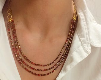Boho Pearl Necklace Gold Stainless Steel – Multi-Row Layered Necklace Brown Red – Waterproof Handmade Jewelry