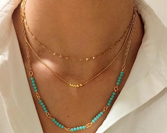 Boho Layered Necklace Stainless Steel Gold with Turquoise Beads – Multi-Layered Summer Necklace – Minimalist Women's Necklace