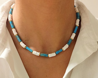 Boho Pearl Necklace Turquoise White Gold | Summer Necklace for Women | Handmade Surfer Choker | Minimalist Jewelry Necklace Gift