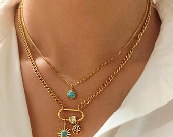 Gold Layered Necklace with Turquoise Pendant – Boho Jewelry for Women – Gold-Plated Stainless Steel – Chunky Necklace with Charms – Gift for Her