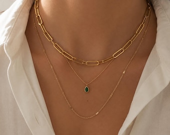 Gold Layered Necklace for Women – Paperclip Necklace with Green Drop Pendant – Multi-Layered Gold Necklace – Minimalist Jewelry Gift Idea