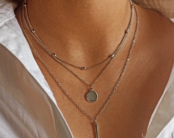 Minimalistisches geschichtetes Halsketten Set, Mehrreihige Drei Schicht Edelstahl Halsketten, Halskette Silber Layered mit Anhänger