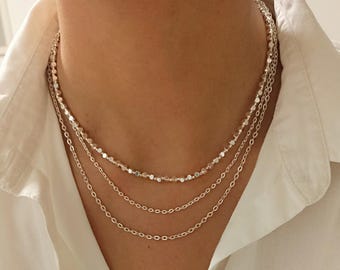 Three-layer silver necklace for women | Layering necklace in silver | Minimalist necklace | Beaded necklace | Elegant multi-strand jewelry