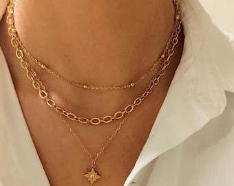 Gold-tone layered necklace set – Boho necklaces for women – Minimalist star pendant – Gift for her
