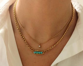 Gold layered necklace with turquoise beads – Chunky chain necklace – Minimalist boho necklace for women