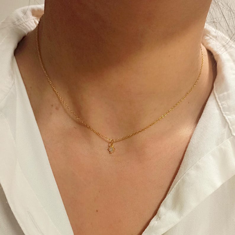 Delicate stainless steel necklace in gold with cubic zirconia pendant | Minimalist women's necklace | Fine gold chain | Waterproof jewelry | Gift for women image 14