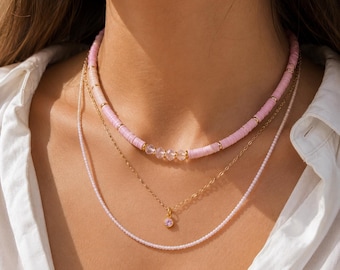 Boho Polymer Clay Pearl Necklace Rose Gold – Layered Necklace with Heishi Beads & Crystal Beads – Summer Jewelry Gift for Women