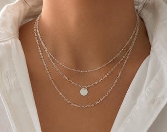 Three-layer silver necklace with disc pendant | Layering necklace silver | Minimalist stainless steel women's necklace | Gift for her