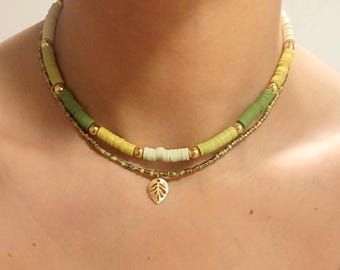 Boho Pearl Choker Necklace Green Gold | Summer Jewelry with Leaf Pendant | Handmade Layered Necklace