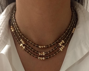 Elegant brown and gold multi-strand layered necklace | Crystal bead choker | Handmade boho glam jewelry