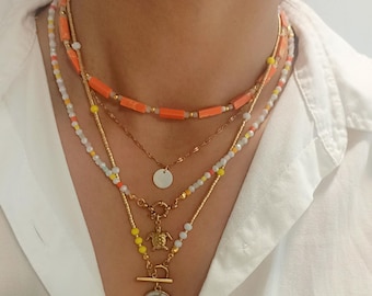 Boho Layered Necklace Gold – Colorful Beaded Necklace with Turtle Pendant & Shell Charm – Handmade Summer Jewelry